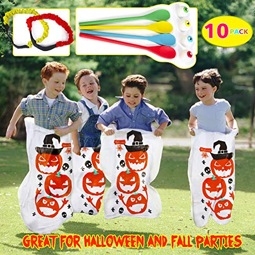 Product Cover Halloween Potato Sack Race Bags,Halloween Egg and Spoon Race Game Set,Eyeballs and Spoons with Assorted Colors,Legged Relay Race Bands Elastic Tie Rope for Kids and Adults Halloween Outdoor Fun Games(10PACK)