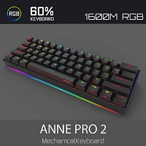 Product Cover Anne Pro 2 Mechanical Gaming Keyboard 60% True RGB Backlit - Wired/Wireless Bluetooth 4.0 PBT Type-c Up to 8 Hours Extended Battery Life, Full Keys Programmable (Gateron Brown, Black)
