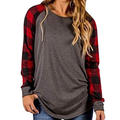 Product Cover Womens Long Plaid Sleeve Splice Design Blouse Round Neck Shirts Red