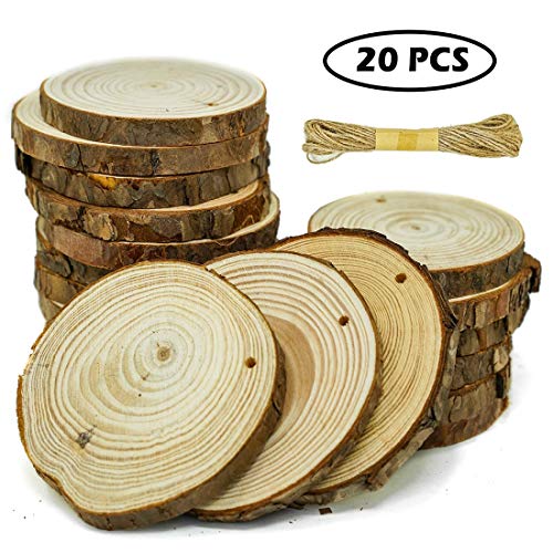 Product Cover Unfinished Predrilled Natural Wood Slices -20 Pcs 3.2-4 Inch DIY Crafts with Hole Wooden Circles Tree Slices for Christmas Crafts, Home Décor, Painting Rustic and Weddings Decorations