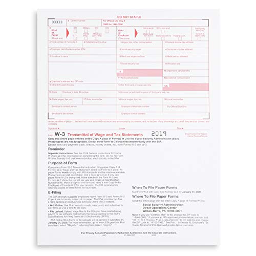 Product Cover W3 Transmittal Tax Forms, 10 Form W-3 Summary Laser Forms for Transmittal of Wage and Tax Statements, W-3 Forms (2019) Designed for QuickBooks and Accounting Software, 10 Pack
