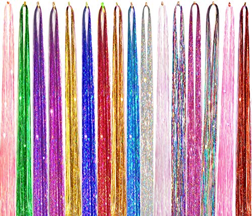 Product Cover AMchoice Hair Tinsel 16 Colors Fairy Hair Sparkling Shiny Tinsel Hair Extensions 48 Inch Colorful Synthetic Hair (2400 strands)