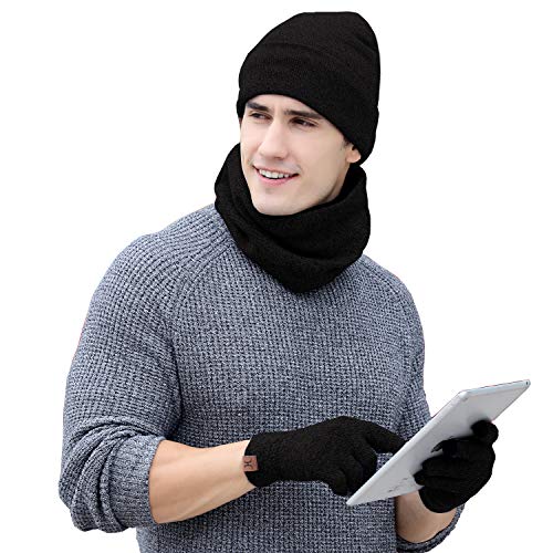 Product Cover 3 PCS Winter Beanie Hat Scarf and Touch Screen Gloves Set Fleece Lining Knit Skull Cap Set for Men Women