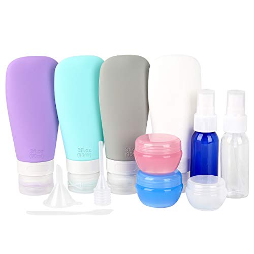 Product Cover Travel Bottles, 3oz Leakproof Silicone Airplane Travel Accessories Toiletries Containers TSA Approved Squeezable Travel Size Tube Set and 30ml Spray Bottles for Business Trip or Personal Travel