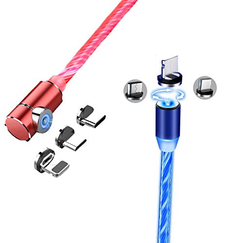 Product Cover SN-RIGGOR 2 Packs LED Flowing Charger Cable Magnetic 3 in 1 Charging Cable Micro USB/USB Type C Cable Multi Charger Cord Compatible with Phone XS MAX/XR/Galaxy Note 10 Plus/Note 9/S10/ (Blue+Red)