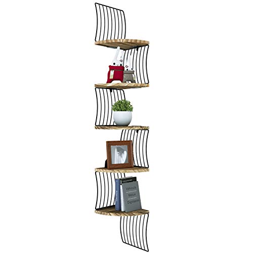 Product Cover Love-KANKEI Corner Shelf Wall Mount of 5 Tier Rustic Wood Floating Shelves for Bedroom Wall Shelves Living Room Bathroom Kitchen Office and More Carbonized Black