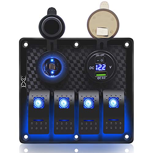 Product Cover FXC Waterproof Marine Boat Rocker Switch Panel Gang with Dual USB Slot Socket + Cigarette Lighter LED Light for Car Rv Vehicles Truck (4 New Blue 2019)