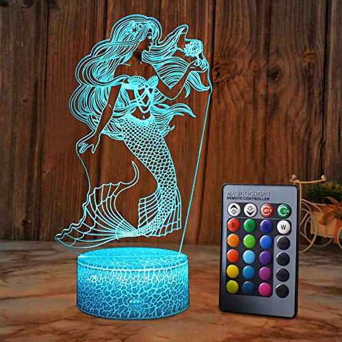 Product Cover SZLTZK Mermaid 3D Illusion Lamp for Girl Mermaid Lamp Christmas Birthday Gift The Little Mermaid LED Night Light 16 Colors Changing for Kids Boy Child