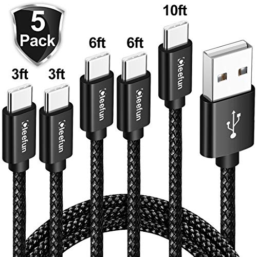 Product Cover USB C Cable Durable Nylon Braided [5-Pack, 3/3/6/6/10 ft], CLEEFUN Fast Charge Type C Charger Charging Cord for Samsung Galaxy S8/S8 Plus, S9/S9 Plus, S10/S10 Plus, S10E, Note 10 10+ 5G/Note 9/Note 8