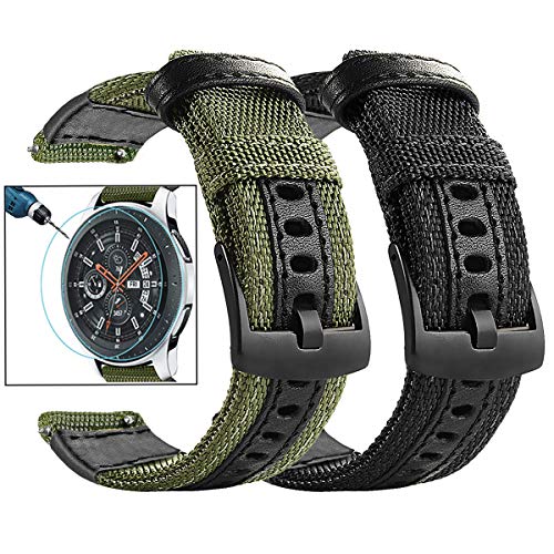 Product Cover Maxjoy Compatible Galaxy Watch 46mm Bands, Gear S3 Bands S3 Frontier Classic Nylon Band 22 mm Replacement Strap+Screen Protector Compatible with Samsung Galaxy 46mm/ Gear S3 Watch, 2 Pack, Black+Green