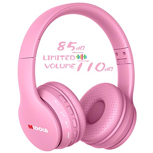 Product Cover Midola Volume Limited 85dB Kids Headphone Bluetooth Wireless Over Ear Foldable Stereo Sound Noise Protection Headset with AUX 3.5mm Cord Mic For Boys Girls Cellphone Ipad Tablets TV Notebook Rose Pink