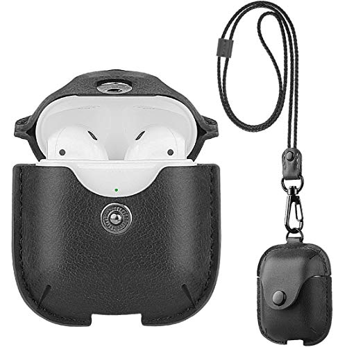 Product Cover UTOPER AirPods Leather Case with Neck Lanyard & Buckle for Apple Airpods 2 & 1 Portable Leather Cover Case for New AirPods Protective Shockproof Support Wireless Charging (Black)