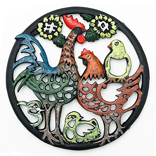 Product Cover Sungmor Cast Iron Cock Trivet for Wood Stove - Dia-8.1 Inch Cock Family Image - Rustproof Round Stands for Hot Pots/Dishes/Pans - Decorative Metal Table Trivet for Kitchen Cooking