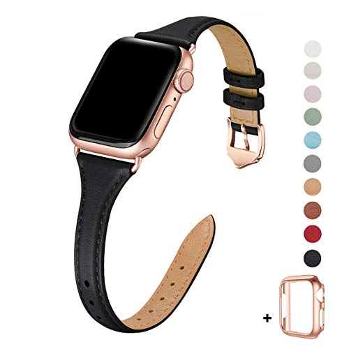 Product Cover WFEAGL Leather Bands Compatible with Apple Watch 42mm 44mm,Top Grain Leather Band Slim & Thin Wristband for iWatch Series 5 & Series 4/3/2/1(Black Band+Rose Gold Adapter,42mm 44mm Small & Middle Size)