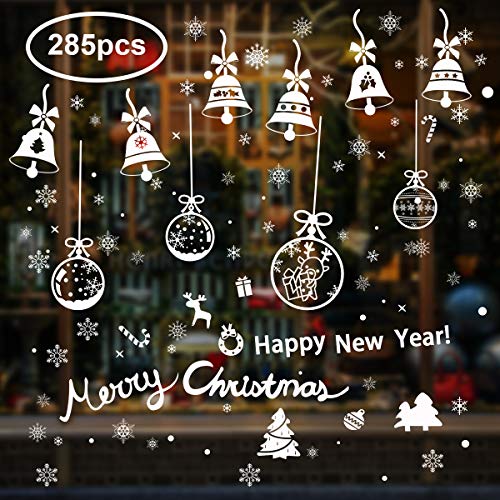 Product Cover Christmas Window Stickers - Static Cling Stickers w/ Snowflake, Merry Christmas Santa Claus Snowman Bell - 285PCs DIY Decorative Door Window Decal Pack for Xmas Decorations Party Supplies (8 Sheets)