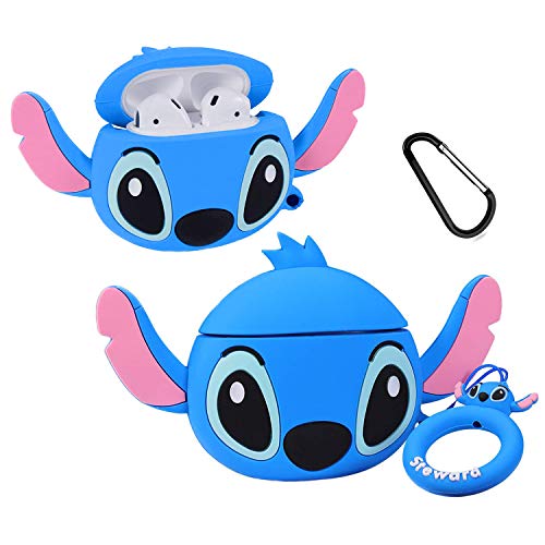 Product Cover Mulafnxal Compatible with Airpods 1&2 Case,Cute Funny Cartoon Character Silicone Airpod Cover,Kawaii Fun Cool Design Skin,Fashion Animal Designer Cases for Girls Teens Boys Air pods(Q Blue Stitch)