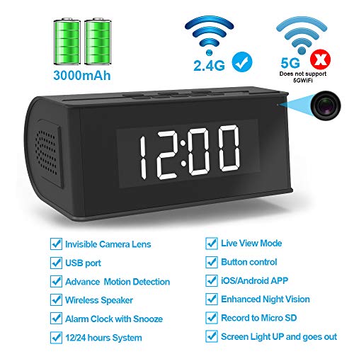 Product Cover Hidden Camera WiFi Alarm Clock,FUVISION Wireless Speaker Covert Camera with Night Vision,Motion Detection Nanny Camera,SD Card Record,App Live Control and Viewing Security Camera for Home and Office