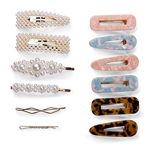 Product Cover 12 PCS Hair Clips Set, Hair Pearl Barrettes Clips Acrylic Resin Hair Barrettes, Hair Clips Styling Gold Hairpins for Women Hair Decoration