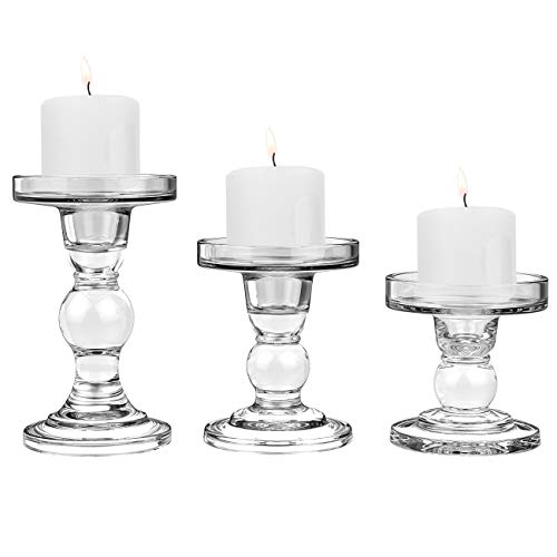Product Cover Lewondr Glass Candle Holders, 3 Pieces Crystal Clear Candlesticks with Elegant Design for Pillar Taper Candle and Tea Light, Home Table Living Room Wedding Party Decorations Home Décor - Clear