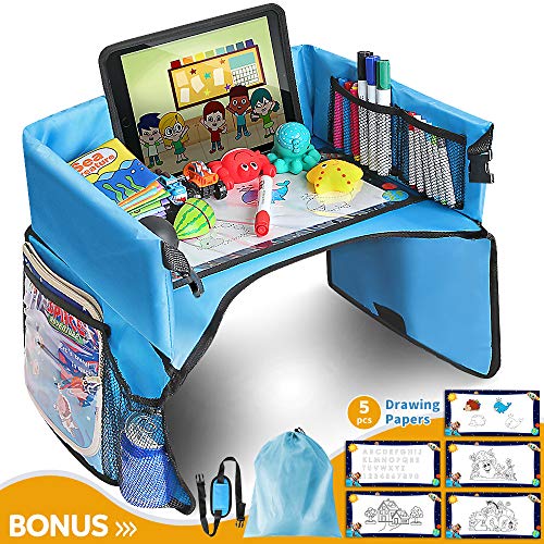 Product Cover Kids Travel Tray with Erasable Top, Toddlers Car Seat Tray Organizer with Tablet Cup iPad Holder, Waterproof Food & Snack Lap Tray, Lap Desk for Strollers, Air Travel and High Chair (Light Blue) ...