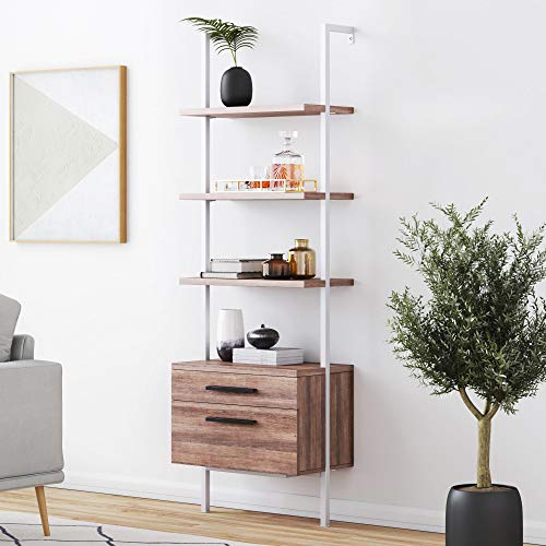 Product Cover Nathan James 65802 Theo Industrial Bookshelf with Wood Drawers and Matte Steel Frame, Rustic Oak/White