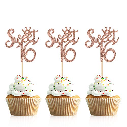Product Cover Donoter 48 Pcs Rose Gold Glitter Sweet 16 Cupcake Toppers 16th Cupcake Picks for Birthday Anniversary Decorations