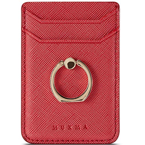 Product Cover Phone Card Holder with Ring Grip for Back of Phone,Adhesive Stick-on Credit Card Wallet Pocket for iPhone,Android and Smartphones (Red)