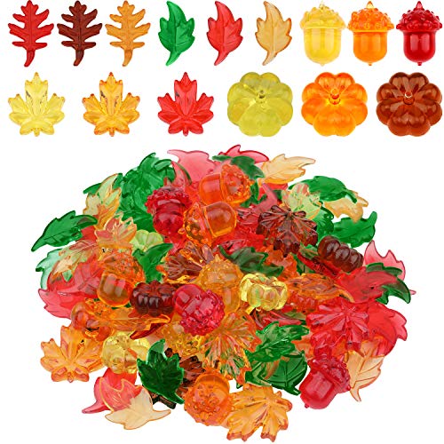 Product Cover Hicarer 130 Pieces Mini Acrylic Leaves Pumpkin Acorns Autumn Party Table Scatters Assorted Color Acrylic Embellishments for Thanksgiving Halloween Christmas Party Decorations