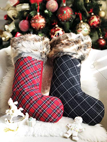 Product Cover Classic Traditional Plaid Christmas Stockings| 2 Pcs 19| Red & Black Plush Faux Fur Cuff Stocking| Christmassy Mantel Fireplace Rustic Decorations Family Holiday Xmas Party Gifts Children Presents