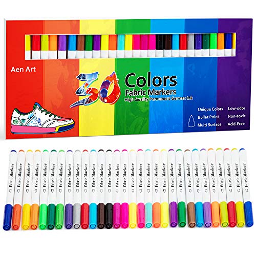 Product Cover Fabric Markers Pen 30 Colors Permanent Paint Art Marker Set for Writing Painting on T-Shirts Clothes Sneakers Canvas Shoes, Child Safe & Non-Toxic
