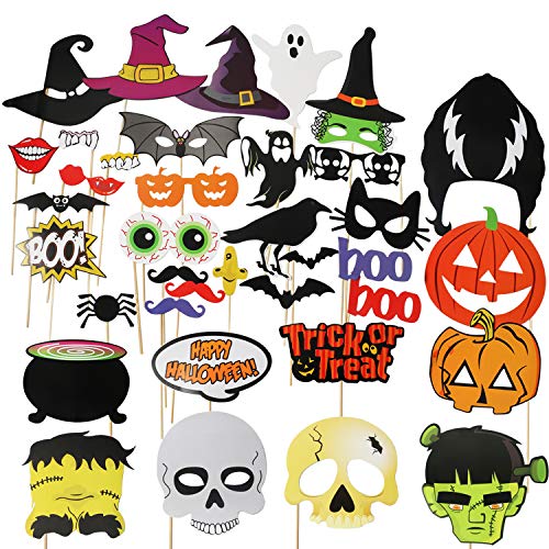 Product Cover Hip Mall Halloween Photo Booth Props, 38pcs DIY Photo Props Kit Party Favors Photography Decoration for Happy Halloween