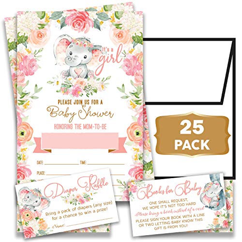 Product Cover Elephant Boho Floral - Baby Shower Pink Elephant Invitations Girl with Envelopes and Diaper Raffle Tickets. Set of 25 Fill in The Blank Style Invites with Envelopes - Baby Shower Invitations Girl