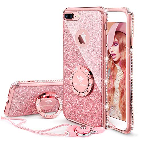 Product Cover Cute iPhone 8 Plus Case, Cute iPhone 7 Plus Case, Glitter Luxury Diamond Rhinestone Bumper with Ring Grip Kickstand Protective Girly Pink iPhone 8 Plus/ 7 Plus Case for Women Girl - Rose Gold Pink