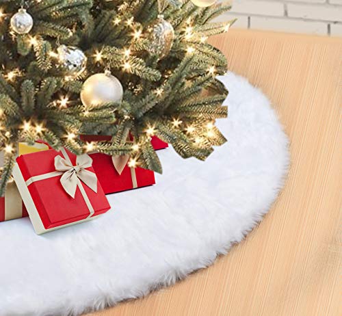 Product Cover Faux Fur Christmas Tree Skirt 48 inches Soft Plush Tree Skirts Snowy White Skirt for Xmas Winter Theme Decorations