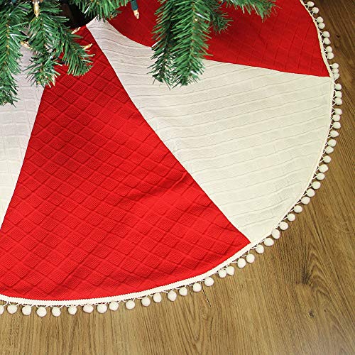 Product Cover yosager 48 Inch Christmas Knit Tree Skirt Red and White Tree Mat with Pom Pom Trim, Double Layers Christmas Tree Decoration