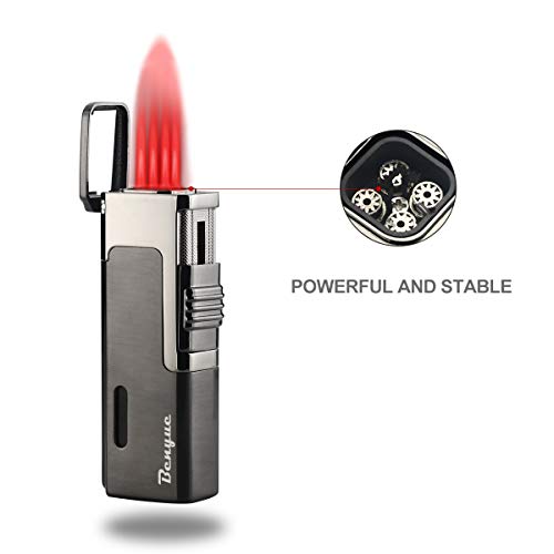Product Cover Benyue Torch Windproof Cigar Lighter Quad 4 Jet Red Flame Refillable Butane Torch Lighter Built-in Cigar Punch Cutter Tool (Gray)