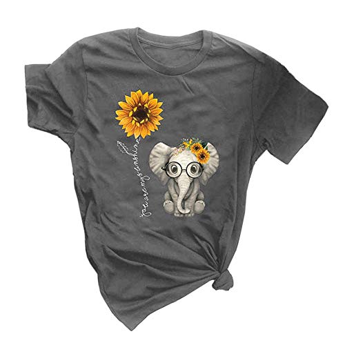 Product Cover Qianxitang Women's Graphic Tees Cute Sunflower Elephant Print Summer Casual Short Sleeve Round Neck Tops T Shirt