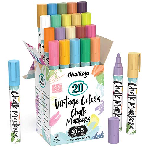 Product Cover Liquid Chalk Markers for Blackboards (20 Vintage Colors) - Bold Dry Erase Marker Pens for Chalkboards Signs, Windows, Blackboard, Glass - 6mm Reversible Tip - 50 Chalk Labels + 5 Extra Nibs Included