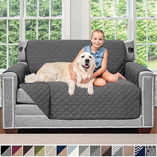 Product Cover Sofa Shield Original Patent Pending Reversible Loveseat Protector for Seat Width up to 54 Inch, Furniture Slipcover, 2 Inch Strap, Couch Slip Cover Throw for Pets, Dogs, Love Seat, Charcoal