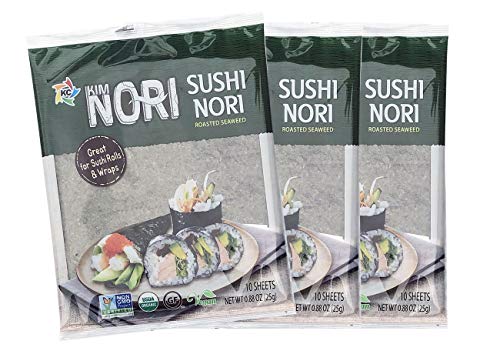 Product Cover Organic (10 Sheet X 3 Pack) Full Sheet KIMNORI Sushi Nori Premium Roasted Seaweed Rolls Wraps Snack 0.88 OZ ( 25g ) Laver, USDA ORGANIC, Gluten Free, No MSG, NON-GMO, Vegan, Kosher (30 Sheet)