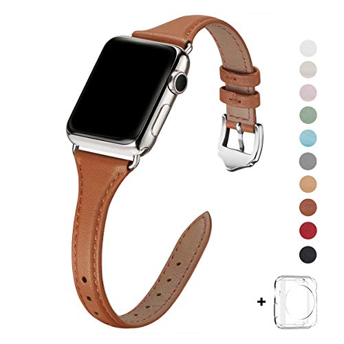 Product Cover WFEAGL Leather Bands Compatible with Apple Watch 42mm 44mm, Top Grain Leather Band Slim & Thin Wristband for iWatch Series 5 & Series 4/3/2/1(Brown Band+Silver Adapter, 42mm 44mm Small & Middle Size)