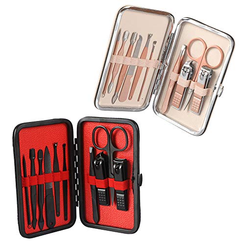 Product Cover Midoneat Manicure Pedicure Set,10 Piece Stainless Steel Sharp Clipper Cutter, Nail Tools, Travel & Grooming Kit With Leather Case -2Packs,Black and Pink