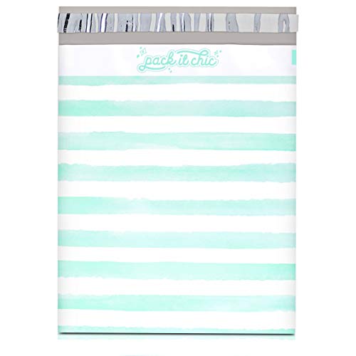 Product Cover Pack It Chic - 10X13 (100 Pack) Teal Watercolor Stripes Poly Mailer Envelope Plastic Custom Mailing & Shipping Bags - Self Seal (More Designs Available)