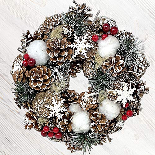 Product Cover BANBERRY DESIGNS Woodsy Country Christmas Wreath with Snowy Pinecones, Cotton, Pine, Red Berry- Winter Farmhouse Rustic Home Décor for Front Door Window Wall Table
