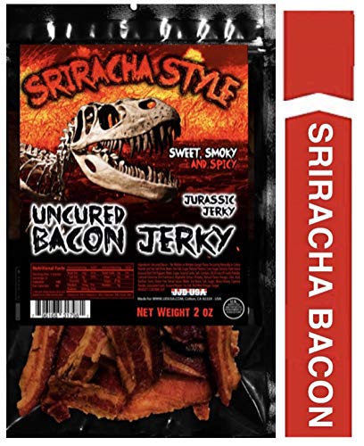 Product Cover JURASSIC JERKY Sriracha Hot Sauce Uncured Bacon Jerky - High Protein, MSG-Free Spicy Snacks - Keto Food on the Go - 2oz