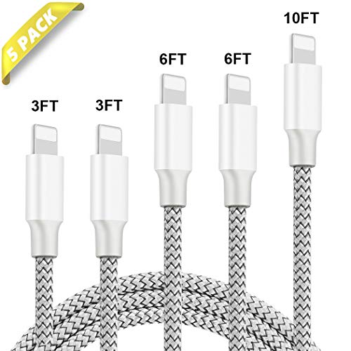 Product Cover iPhone Charger, Besiva Lightning Cable 5Pack 3FT 3FT 6FT 6FT 10FT MFi Certified Nylon Braided USB Charging & Syncing Cable Compatible with iPhone Xs MAX XR X 8 8 Plus 7 7 Plus 6s 6s Plus 6 6 Plus