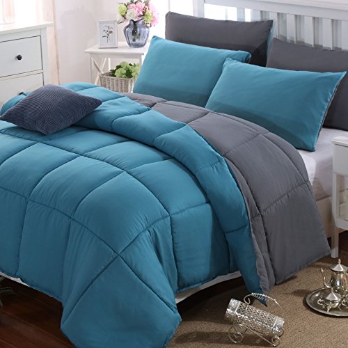 Product Cover Mohap Comforter Ultra Warm Fluffy Down Duvet Lightweight Premium Brushed Microfiber 250GSM Soft and Comfortable Bicolor Queen Teal&Gray