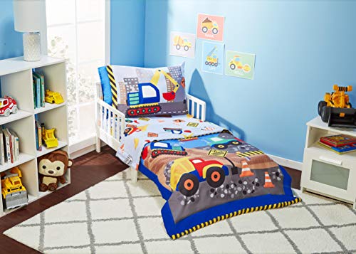 Product Cover EVERYDAY KIDS 4 Piece Toddler Bedding Set - Under Construction - Includes Comforter, Flat Sheet, Fitted Sheet and Reversible Pillowcase