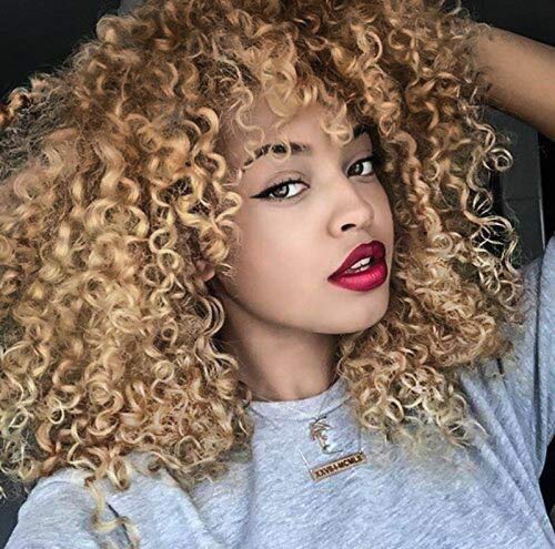 Product Cover Goodly Ombre Blonde Short Afro Curly Wigs with Bangs for Women Blonde Wig with Brown Roots Synthetic Kinky Curly Hair Wig Afro Heat Resistant Full Wigs （Ombre Blonde）