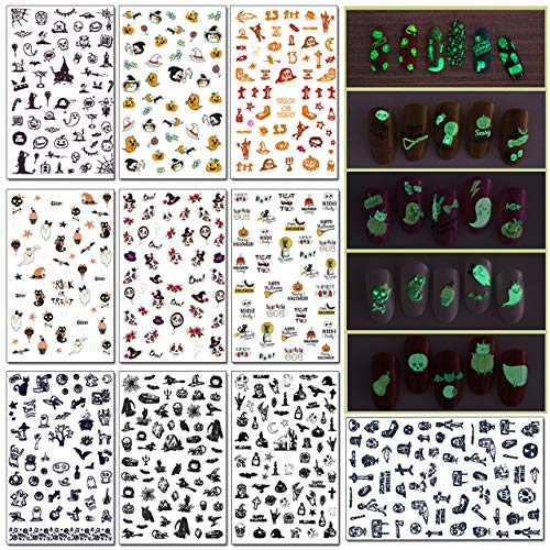 Product Cover TailaiMei 10 Sheets Fluorescent Halloween Nail Decals Stickers, Self-adhesive DIY Nail Art Tips Stencil for Women Girls Kids Manicure